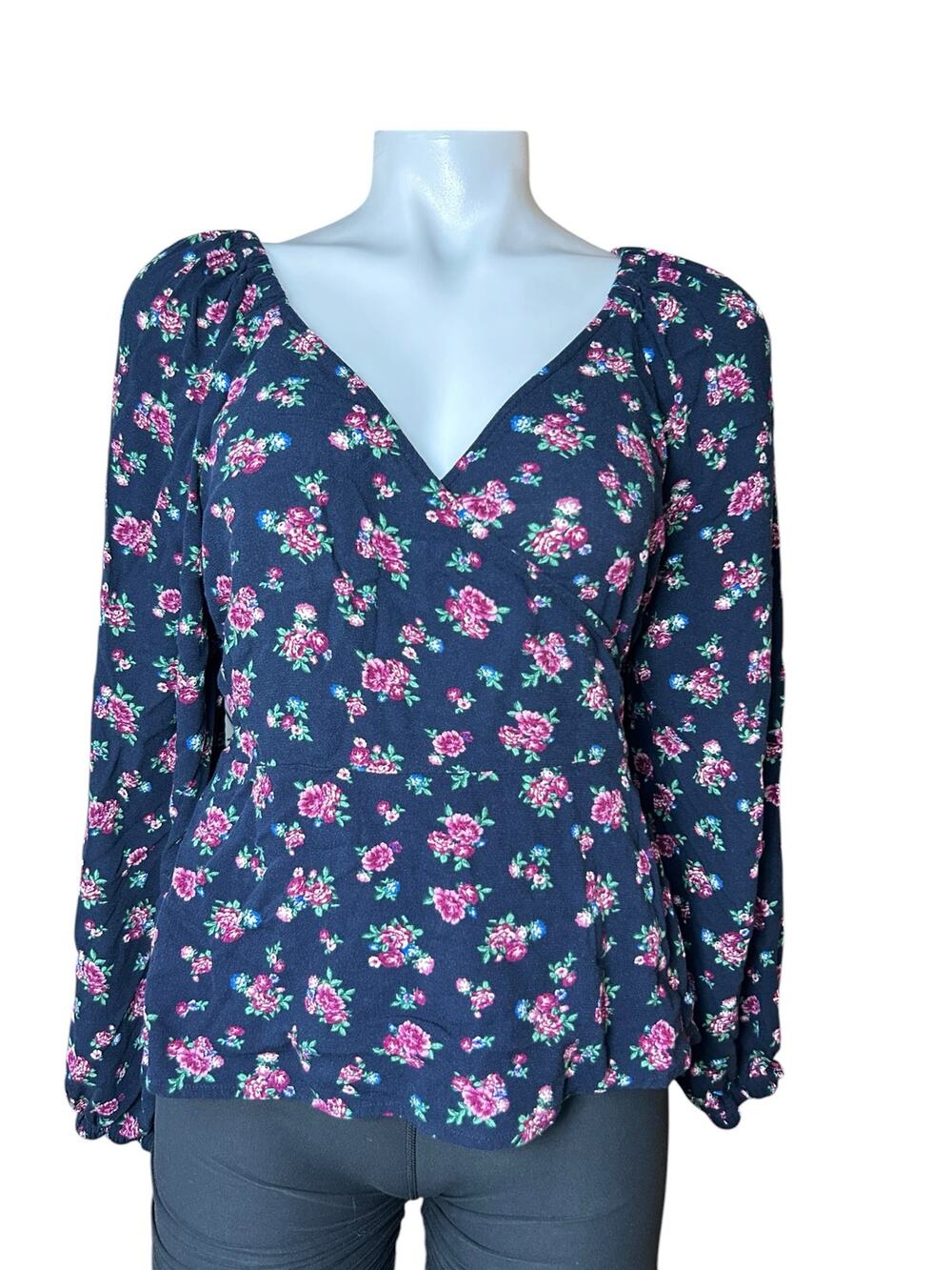 Old Navy Floral Wrap Blouse Top Navy Pink Long Sleeve Size L